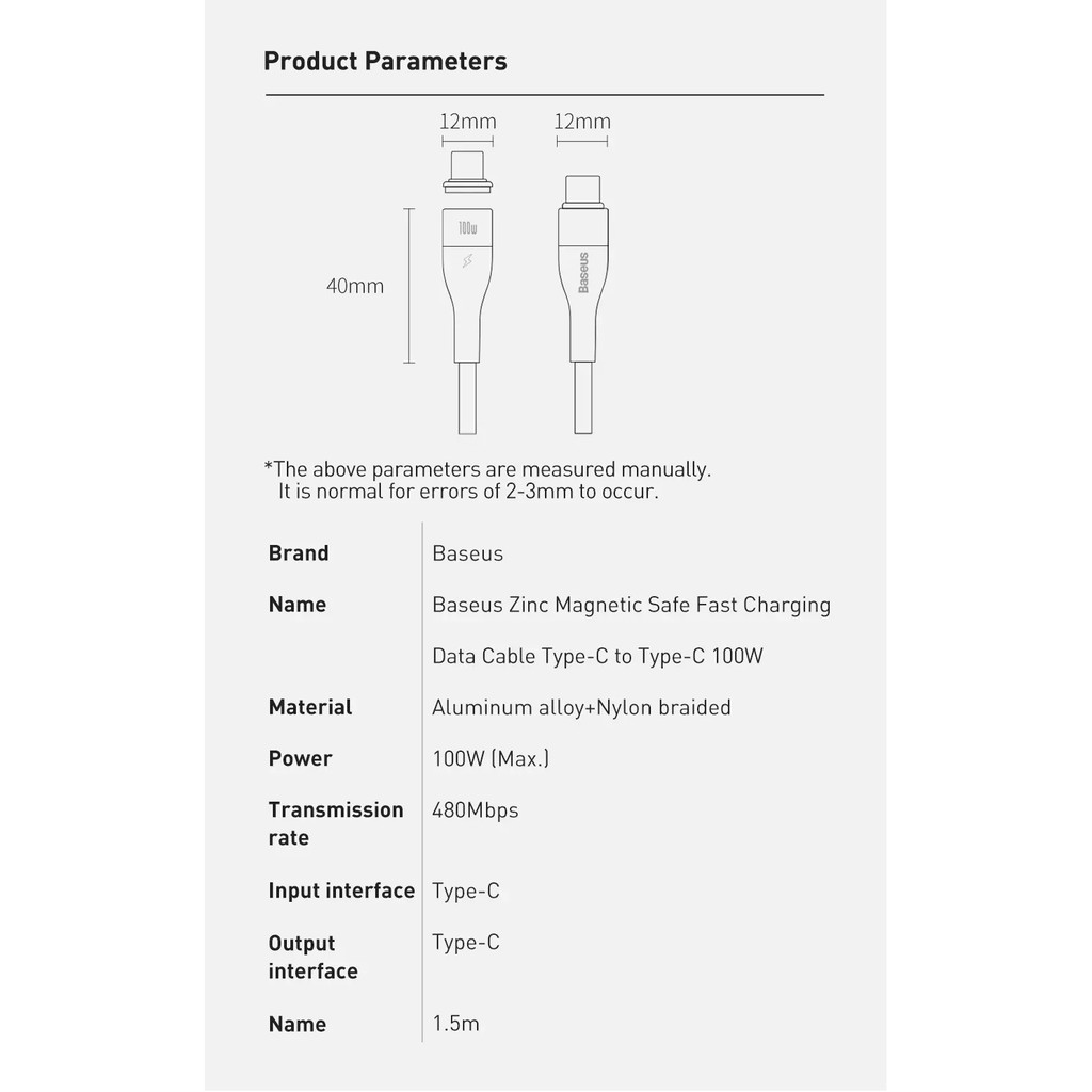 Cáp sạc nhanh từ tính Baseus 100W Zinc Magnetic 1.5M Type C to Type C