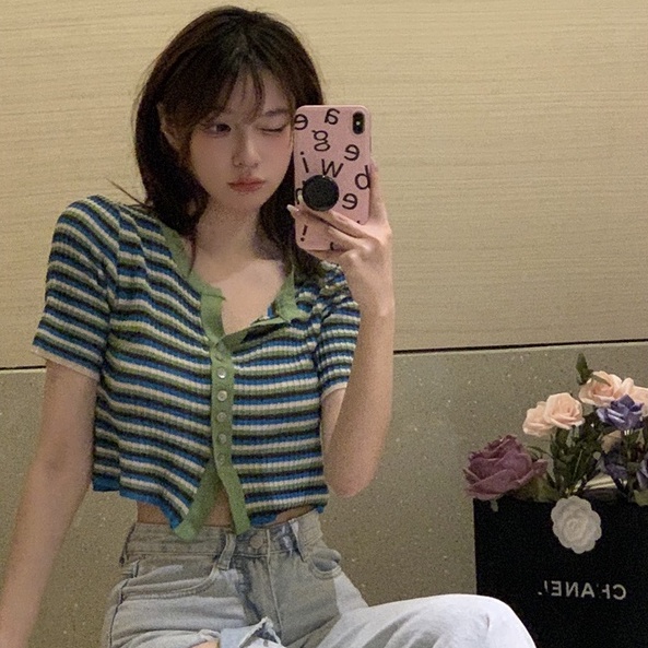 【ZHELIHANGFEI】Áo Cardigan Dệt Kim Ngắn Tay Cổ Tròn Lưng Cao Họa Tiết Kẻ Sọc