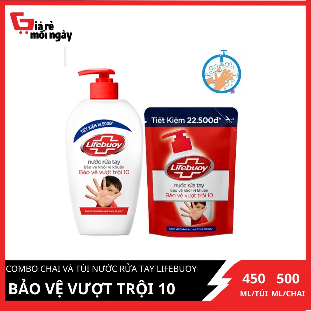 COMBO Nước rửa tay Lifebuoy Bảo vệ vượt trội 10 (Đỏ) Chai 500g và túi 450ml