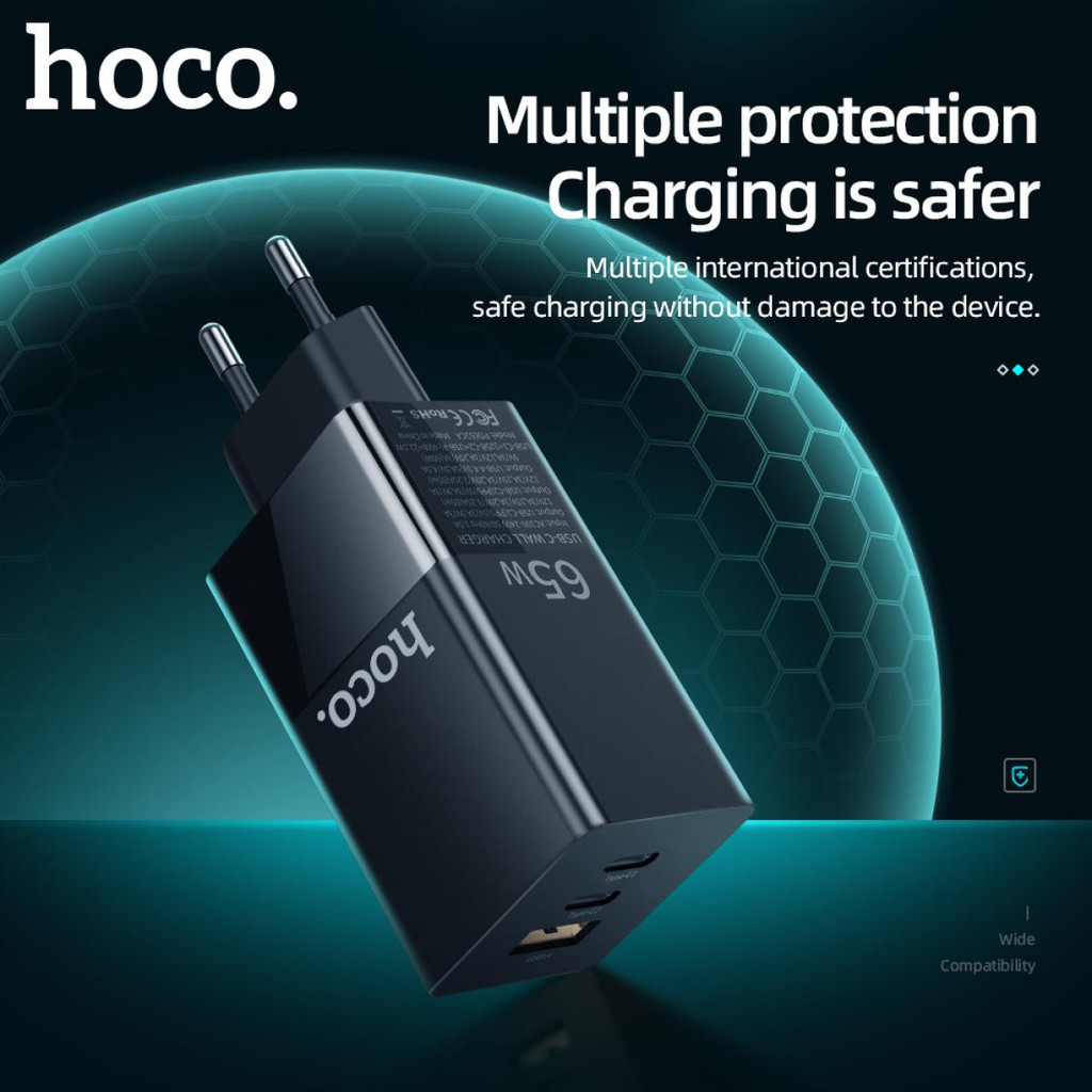 Cốc sạc Hoco GaN Quick Charger 65W cho Smartphone/ Tablet/ iPad/ Macbook/ Laptop (Type Cx2 + USB , PD3.0/ PPS/ QC4.0 )