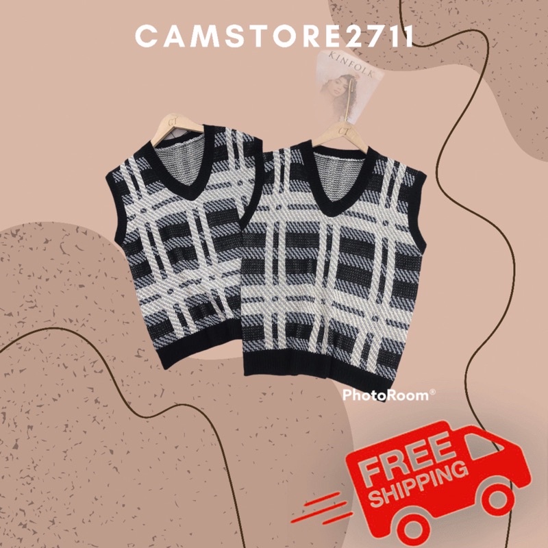 Áo gi lê len nữ ô vuông/Áo gile len taobao