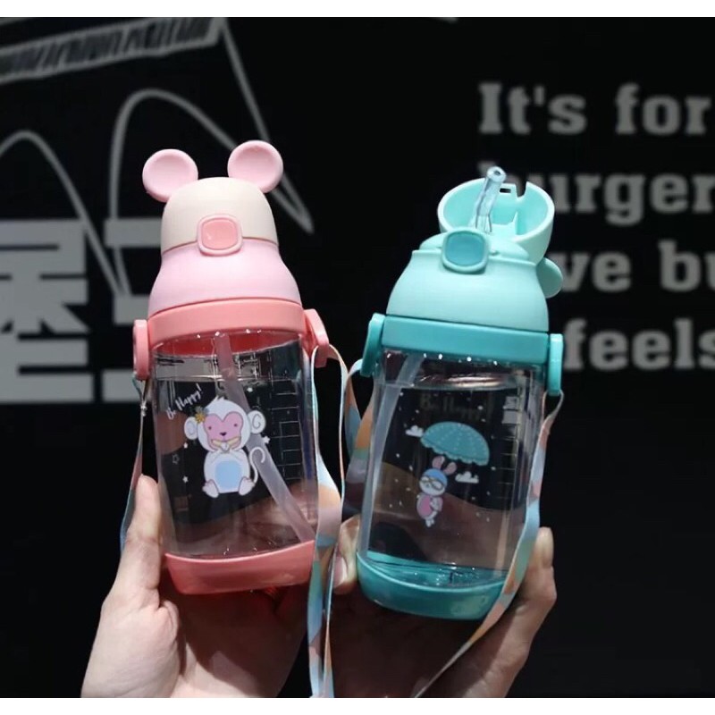 Bình tập uống nước mickey 350ml có dây đeo tiện dụng cho bé đi lớp, bình nước chia vạch