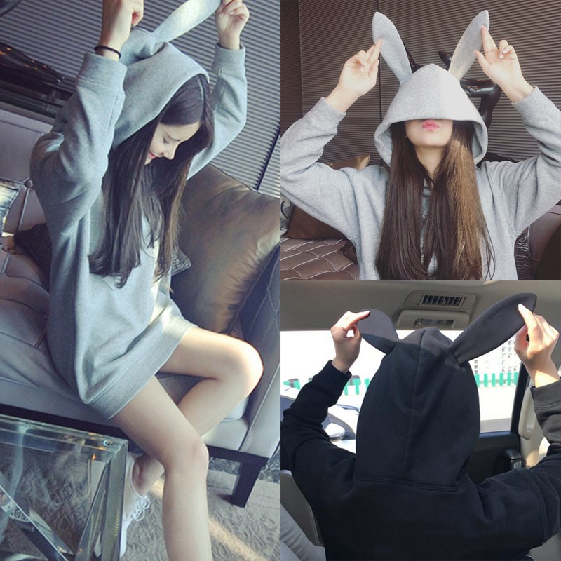 Áo Hoodies Nón Phối Tai Thỏ Thiết Kế Dáng Rộng Thoải Mái