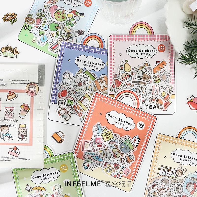 Set 100 miếng dán washi dễ thương tươi mới trang trí sổ tay 6 phong cách tùy chọn