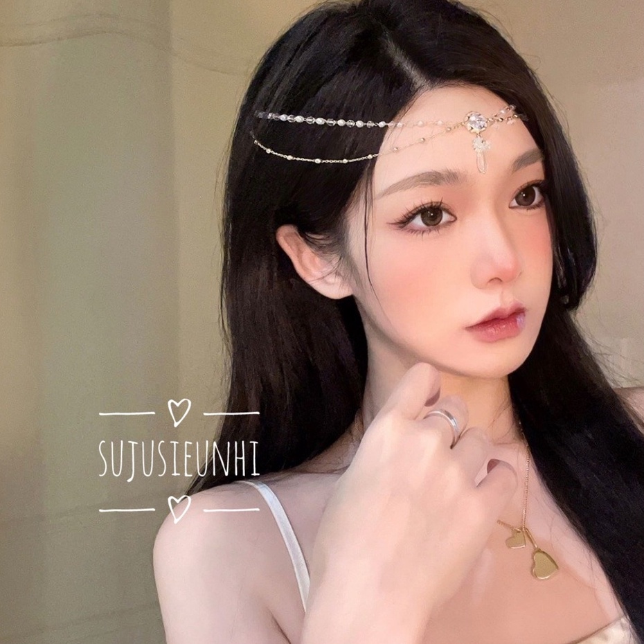 Cài trán dây đôi dạng kẹp đính đá và hoa trong suốt bất đối xứng , vòng đeo đầu cosplay cổ trang