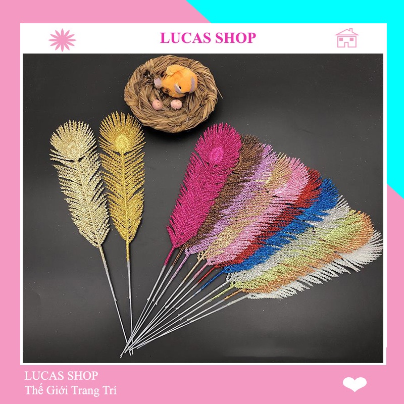Cành lông công giả bằng kim tuyến dài 40 cm làm oản tài lộc và trang trí tháp bánh tết rất đẹp