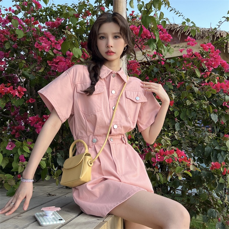 Đầm denim Tay Ngắn Cổ Sơ Mi Phong Cách Hàn Quốc Thời Trang Cho Nữ