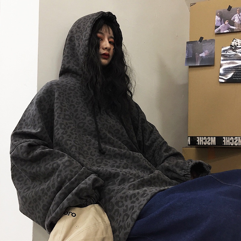 Áo hoodie tay dài dáng rộng họa tiết da báo sẫm màu phong cách hiphop dành cho nữ sinh Tf1 | BigBuy360 - bigbuy360.vn