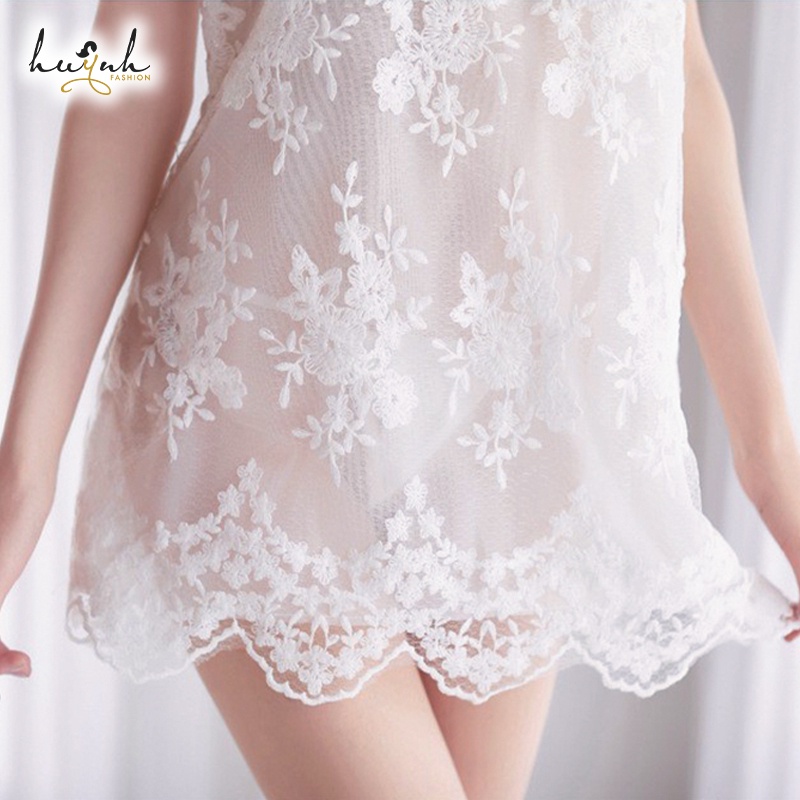 Váy Ngủ Xuyên Thấu Thêu Hoa Nổi Hai Lớp Hở Lưng Gợi Cảm - N86