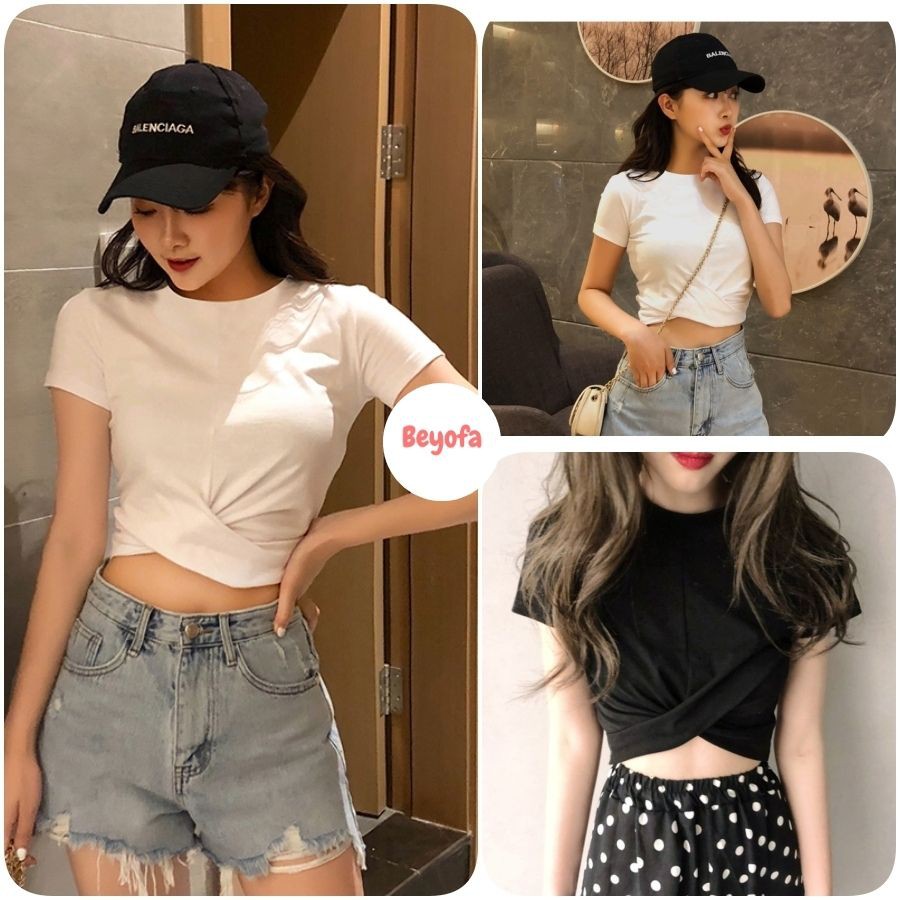 Áo CropTop Nữ Xoắn Eo Kiểu Bó Ôm Body - Áo Thun Nữ Cộc Tay Dáng Ngắn
