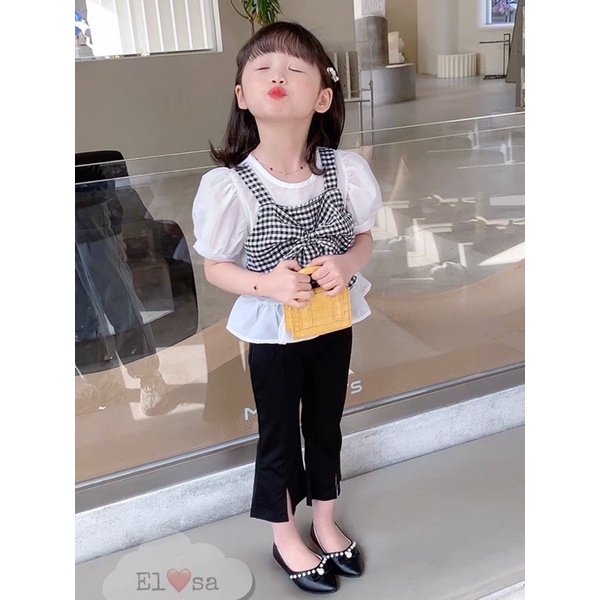 Đồ bộ bé gái - Bộ áo nơ caro kèm quần umi ống loe siêu xinh cho bé gái 1-5 Tuổi