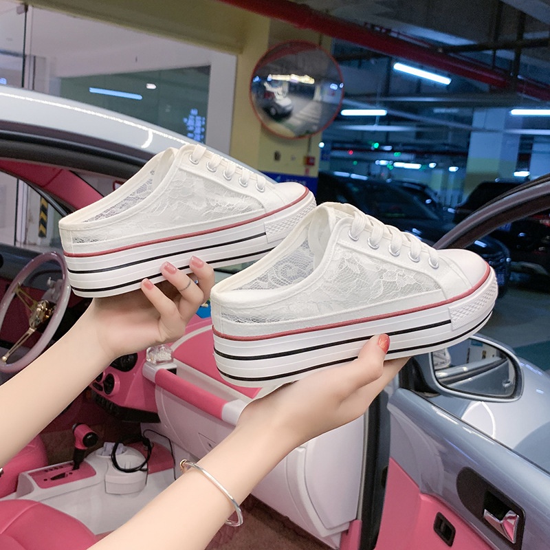 Giày Lười Canvas Phối Lưới Xuyên Thấu Đế Dày Tăng Chiều Cao Thời Trang Hàn Quốc 2022 Cho Nữ