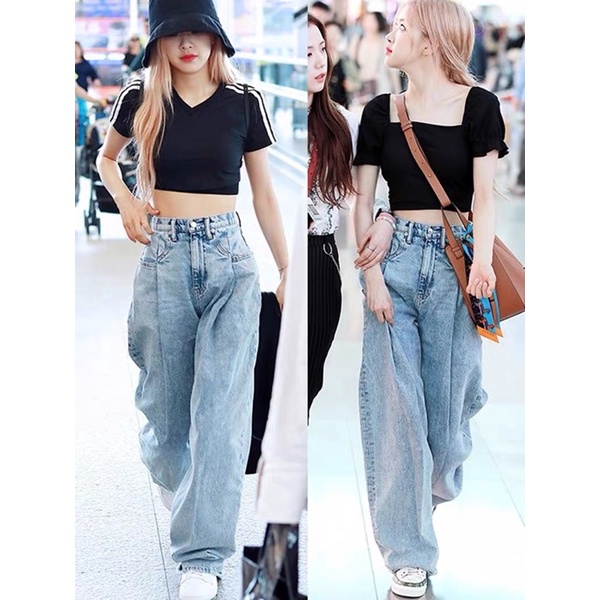 Set Đồ Rosé Gồm Quần Jeans + Áo Thun Tay Bồng Đen