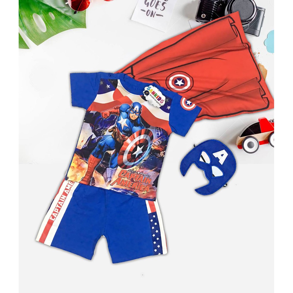 Bộ thun bé trai đội trưởng Mỹ captain America kèm khăn choàng mặt nạ nhỏ và đại