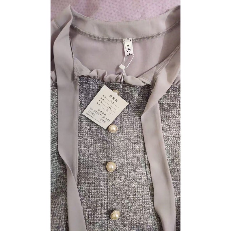 Váy dạ tweed tay voan cổ nơ dáng xoè ngắn ORDER