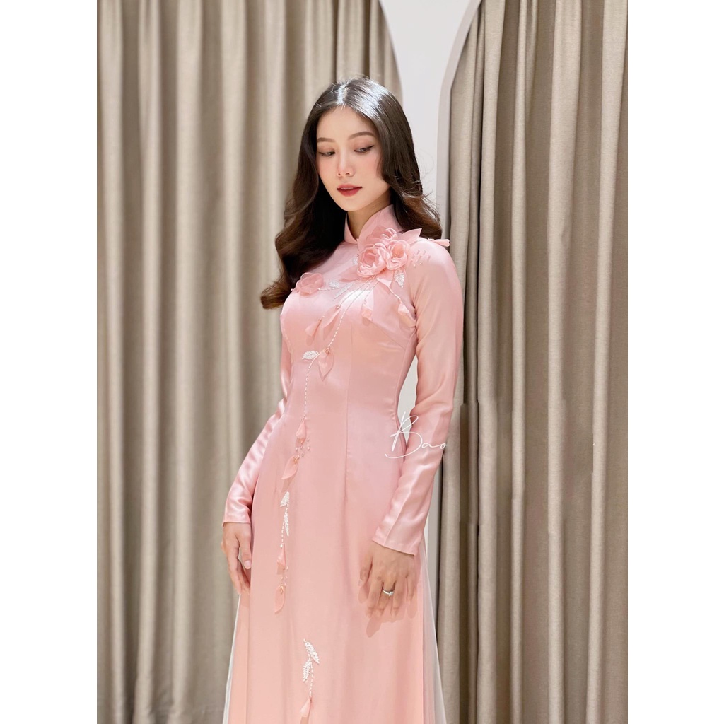 Áo dài cô dâu lụa 2 tà đính đá ngọc cao cấp áo dài cưới hồng hoa đính hạt thiết kế