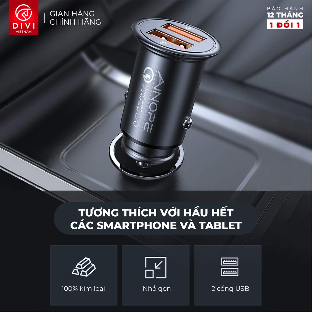 Tẩu sạc nhanh ô tô DIVI AV829 - Sạc nhanh QC 3.0 - 2 cổng USB - Hàng phân phối chính hãng - Bảo hành 12 tháng 1 đổi 1