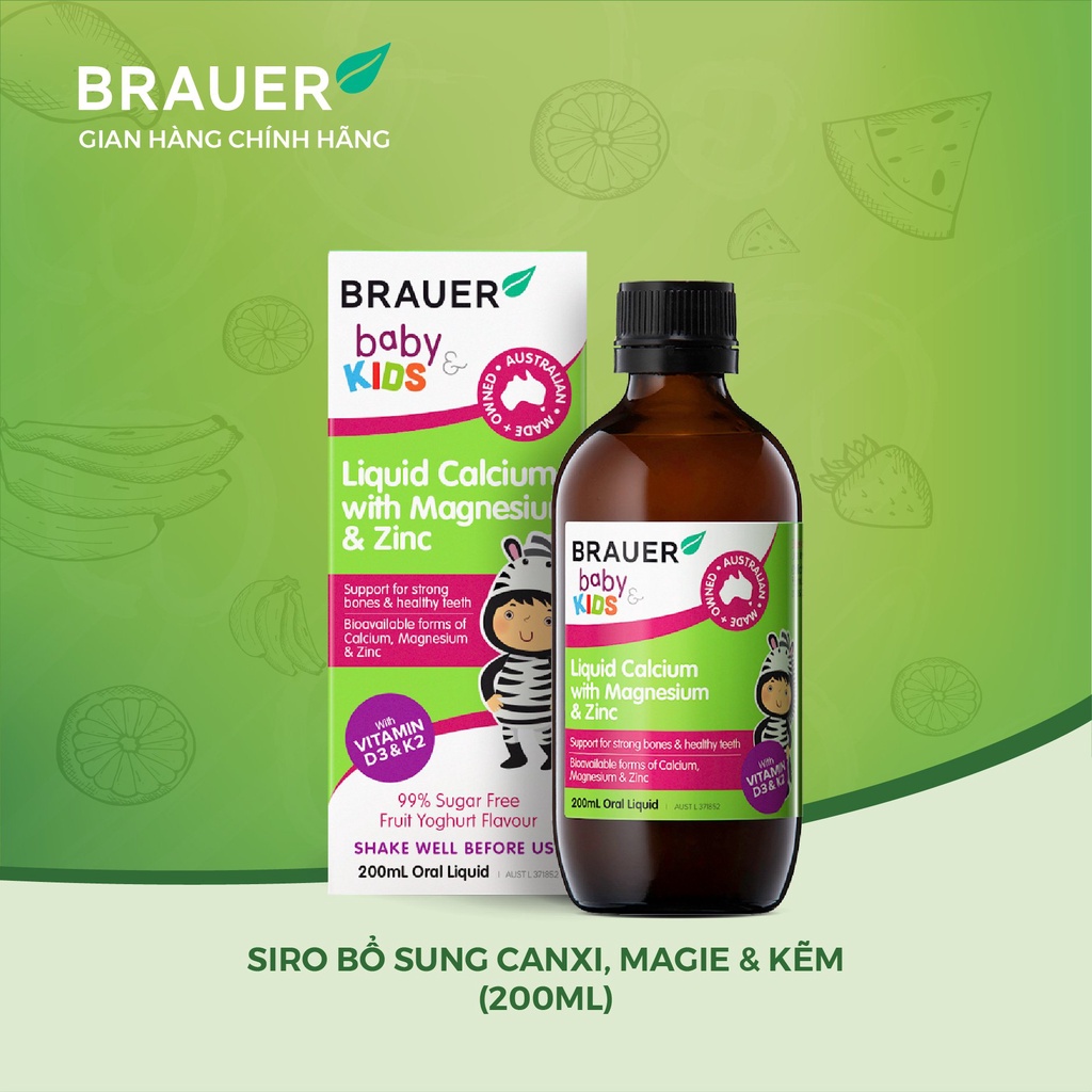 Siro BRAUER Calcium with Magnesium & ZinC - Hỗn hợp Vitamin Canxi, Magie và Kẽm cho trẻ từ 1 tuổi (200ml)