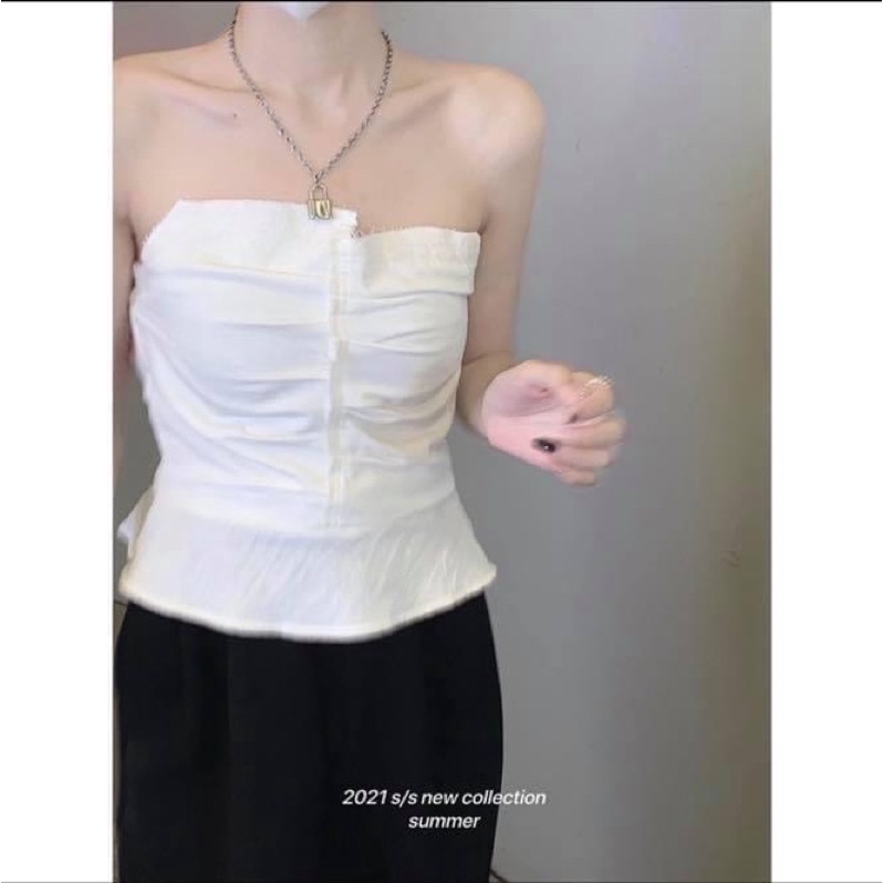 (Sẵn) Áo ống kiểu ngắn nữ cúp ngực trơn trắng peplum bèo tua rua - Order taobao quảng châu