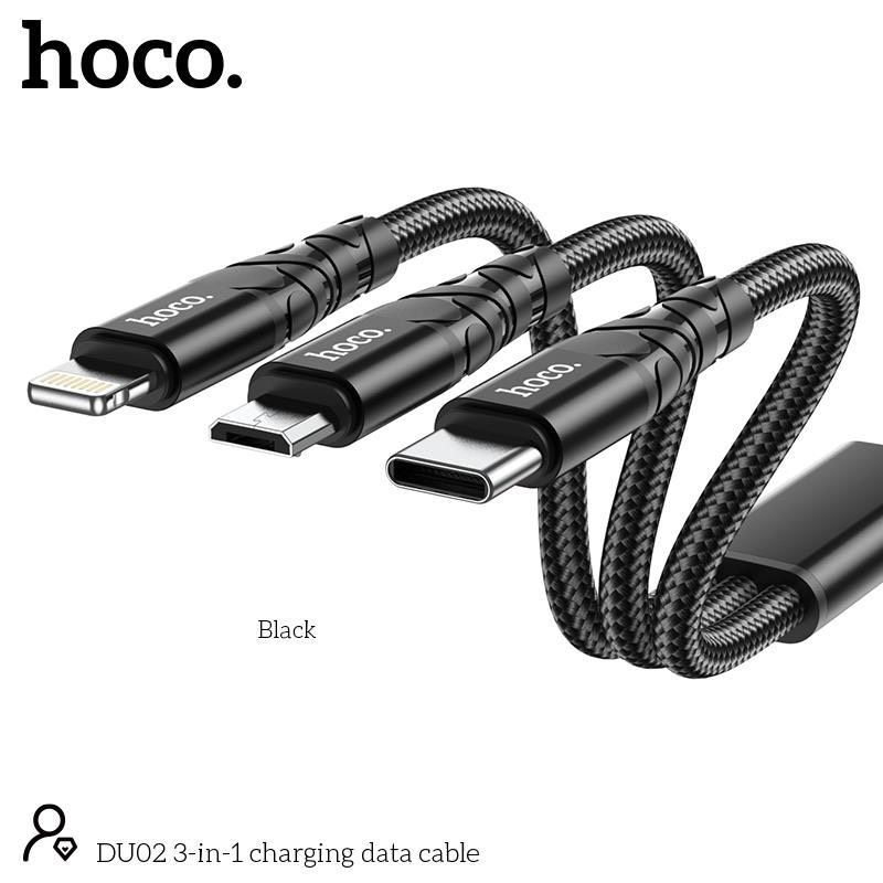 Cáp Sạc Nhanh 3 Đầu Hoco 3in1 DU02/Type C/Micro/IP Hỗ Trợ sạc nhanh 3.0A Vải Dù Chống Rồi Đầu Chống Gập