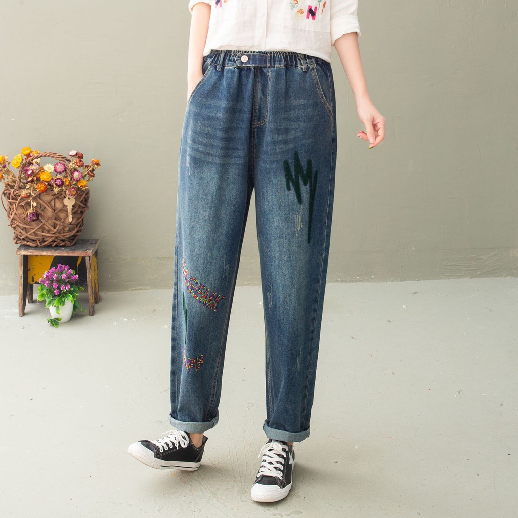 Quần jean nữ ống rộng dài lưng thun thêu bigsize AKira Store Thời trang phong cách Nhật Bản
