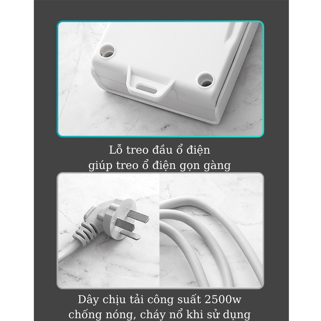 Ổ cắm điện USB nhiều lỗ đa năng thông minh, có nút tắt bật riêng, an toàn cho trẻ ,chịu tải 2500W