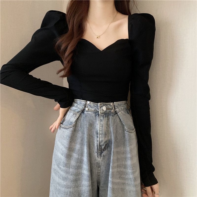 Áo thun NZN tay dài cổ vuông màu sắc đơn giản thời trang cho nữ