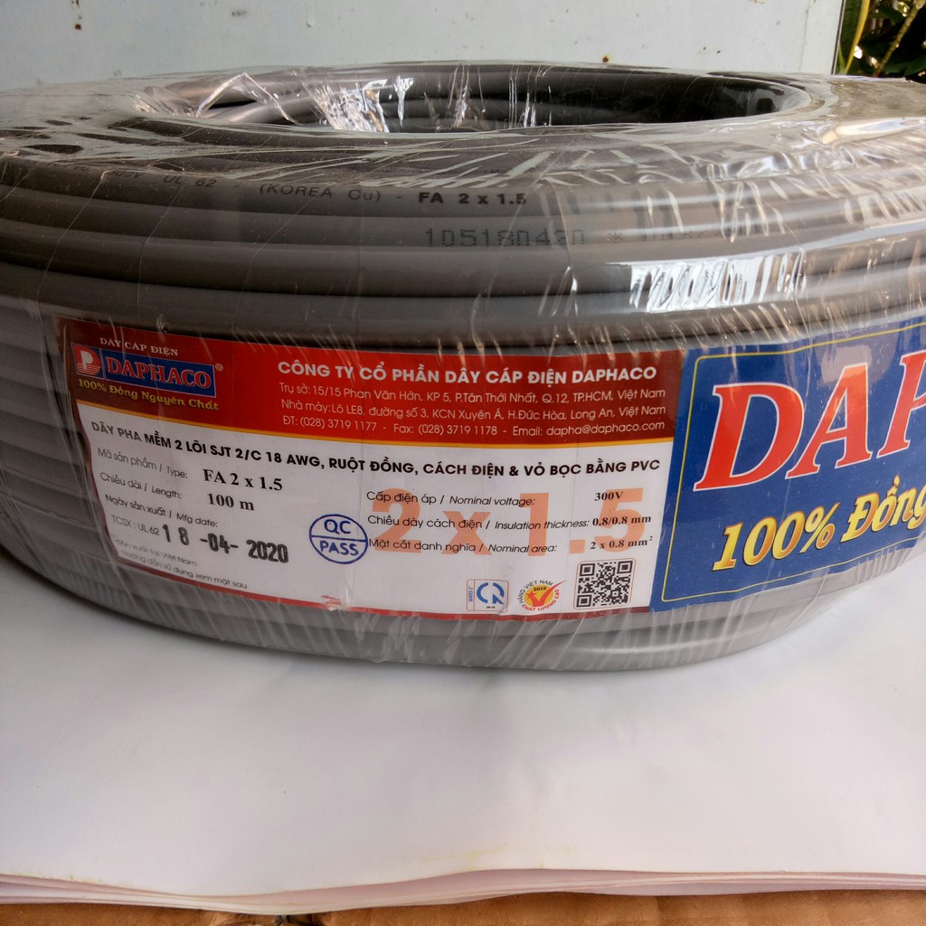 [DAPHACO] Dây Điện Đôi 2x1.5 - Lẻ 01 Mét Dây Pha Tròn Xám 2 Lớp Vỏ Bọc PVC