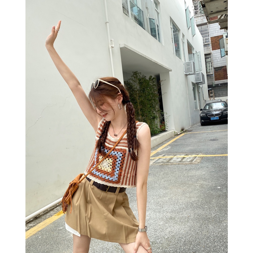 [Augustcloth] Áo len đan ô vuông phong cách Hàn Quốc