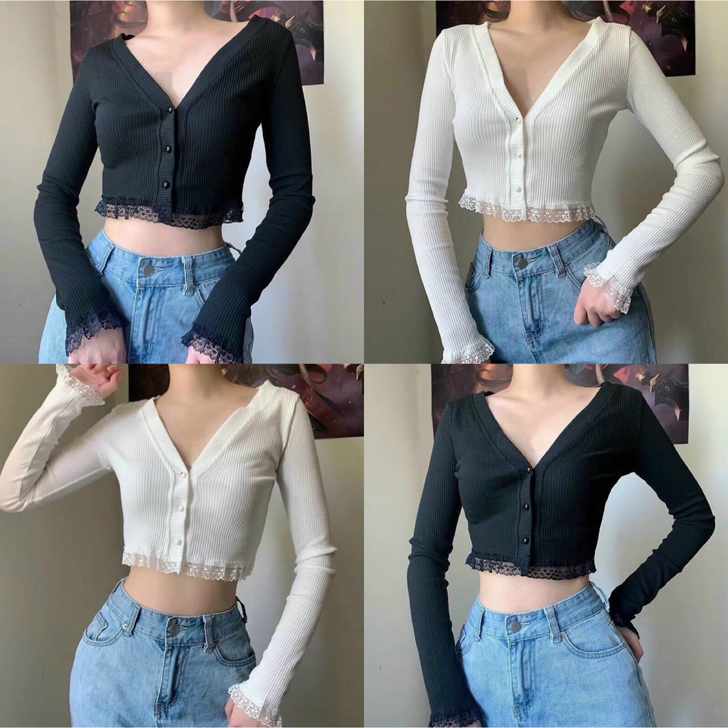 [Mã 11FASHIONSALE1 giảm 10K đơn 50K] Áo Croptop Tay Dài Viền Ren Cúc Gài Xinh | BigBuy360 - bigbuy360.vn