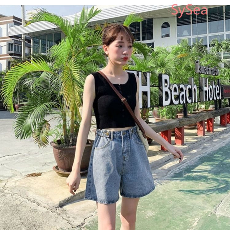 Quần Short Jean Lưng Cao Ống Rộng Thời Trang Mùa Hè Cho Nữ