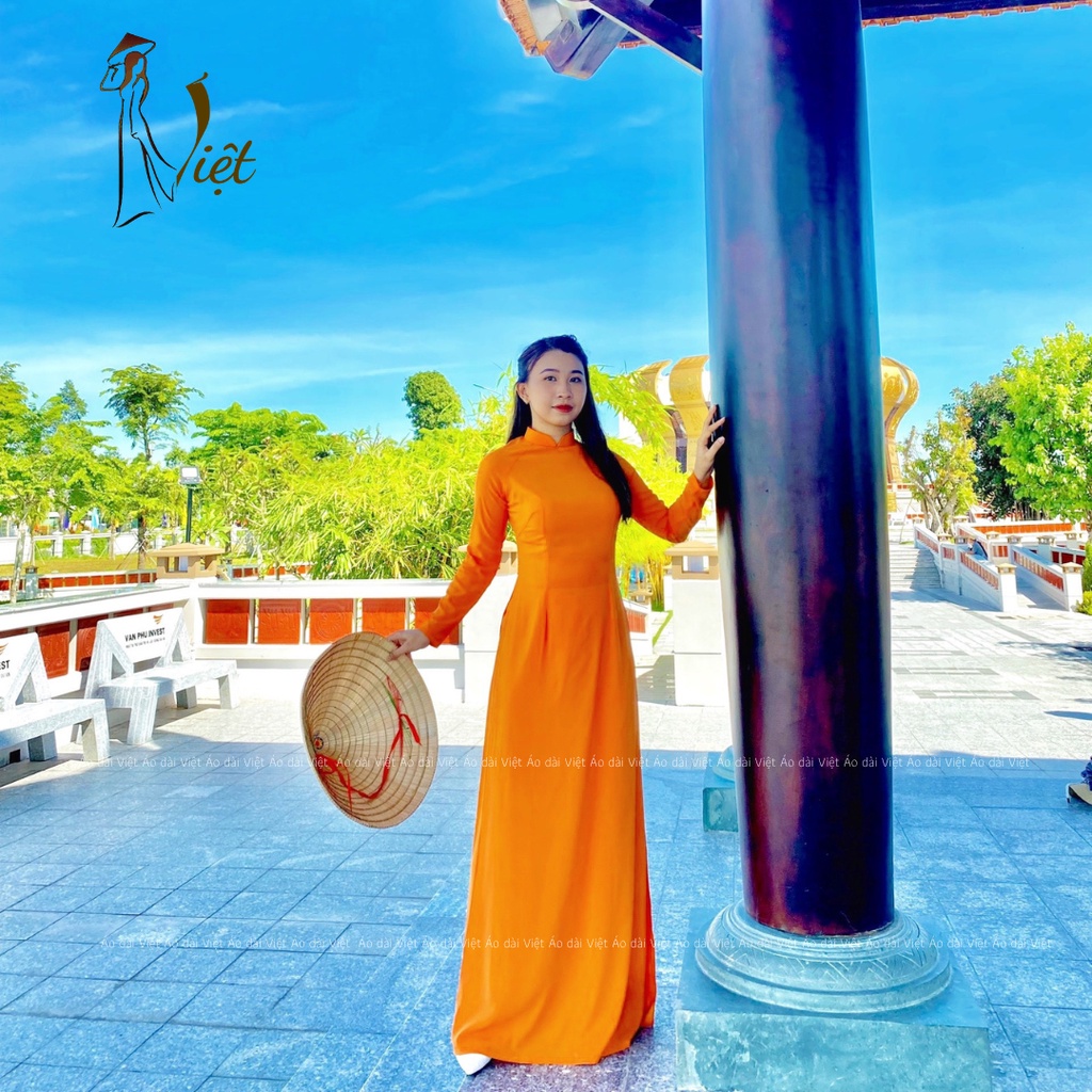 Áo dài màu cam trơn truyền thống may sẵn lụa nhật cao cấp