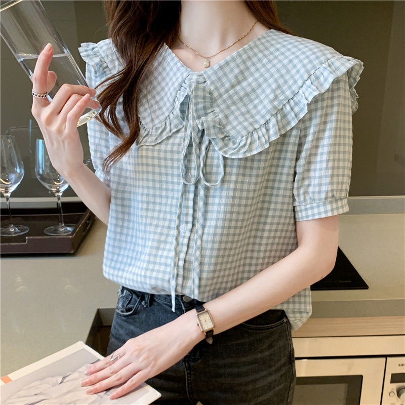 Áo Sơ Mi Tay Ngắn Cổ Búp Bê Ca Rô 168869 Áo Sơ Mi Dáng Rộng Thiết Kế Thời Trang Dễ Phối Đồ