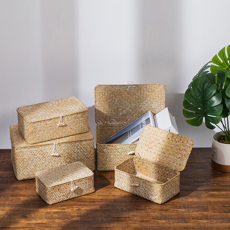 Giỏ Đựng Đồ Giặt Ủi Bằng Cỏ Biển Đan Thủ Công Có Nắp Đậy Sắp Xếp Gọn Gàng