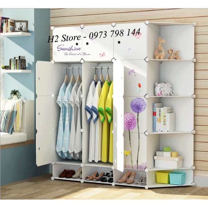 [SIÊU HOT] TỦ NHỰA LẮP GHÉP 16 Ô + 4 GIÀY ( GỒM 5 KỆ GÓC) TRẮNG CỬA CẨM TÚ CẦU ĐỂ ĐỒ CHO BÉ ĐA NĂNG THÔNG MINH sâu 47cm