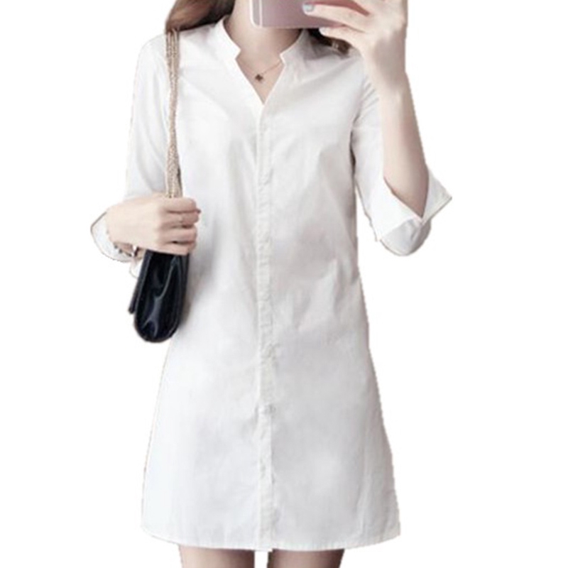 Đầm sơ mi tay dài cổ V màu trơn thời trang cho nữ