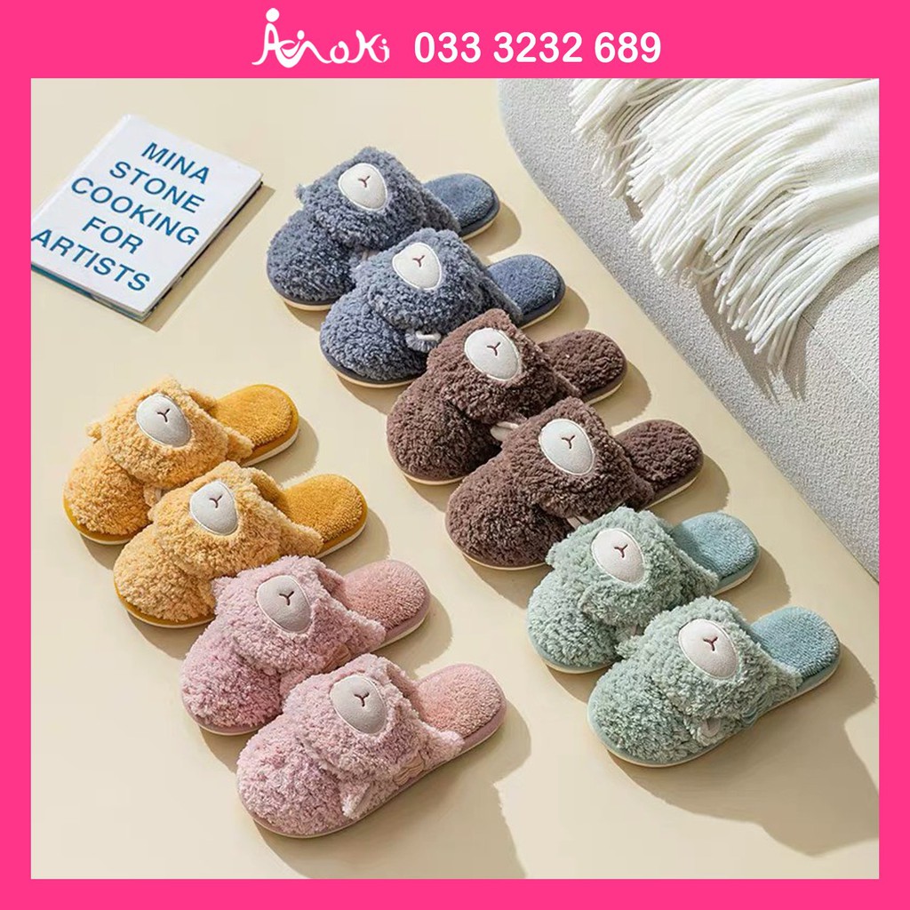 Dép Bông Lông Cừu Đi Trong Nhà Moki Mart Dày Ấm, Dép Mang Trong Nhà Hình Thú Dễ Thương, Đi 2 Kiểu Tiện Dụng