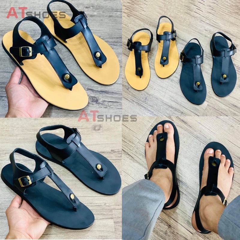 Dép Sandal Unisex cao cấp Da Bò Thật Sandal xỏ ngón nam nữ chuẩn kiểu Hàn Quốc Trẻ Trung Atshoes AT11 (Đen)