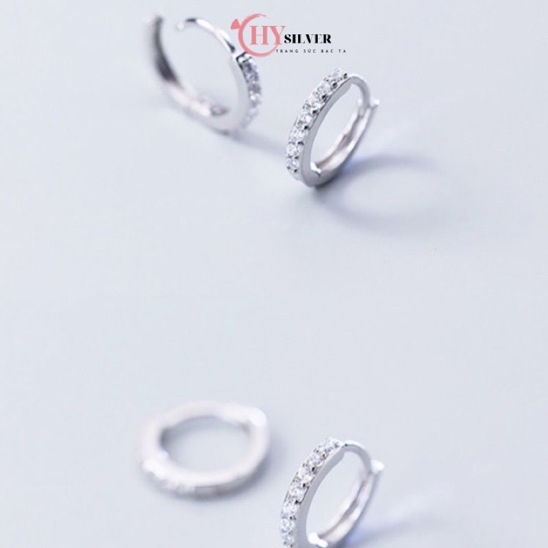 Bông tai dạng bấm bạc ta đính đá nhỏ xinh hàng đẹp đường kính 1cm hoa tai nữ bạc thật giá rẻ CHY SILVER
