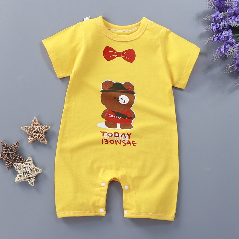 Bộ Áo Liền Quần Tay Ngắn Vải Cotton In Hoạt Hình Động Vật Dễ Thương Cho Bé Từ 0-24 Tháng Tuổi