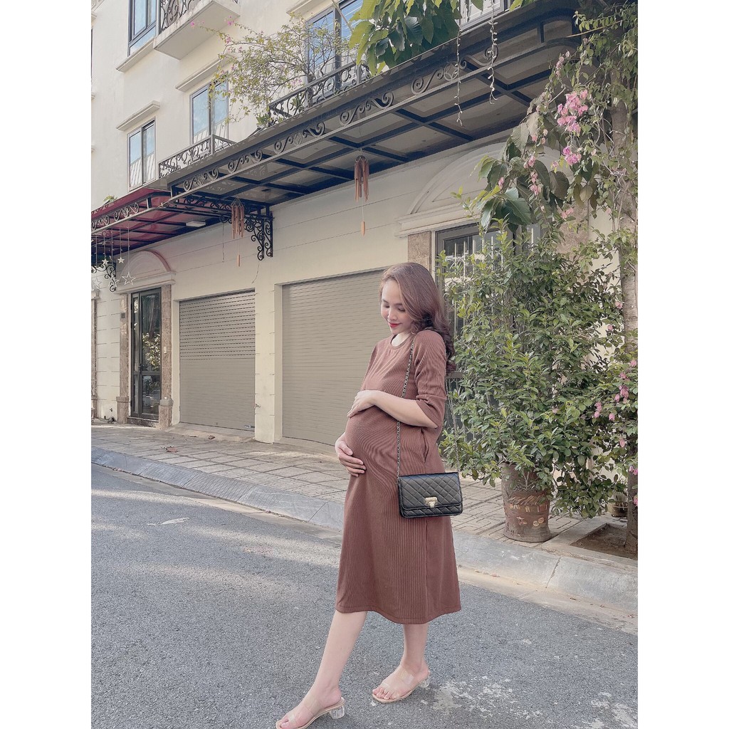 Váy bầu bigsize - Đầm bầu thiết kế GuMe chất len tăm dáng suông HACK DÁNG 2 màu NÂU-ĐEN, SIZE 40-120KG- MB262