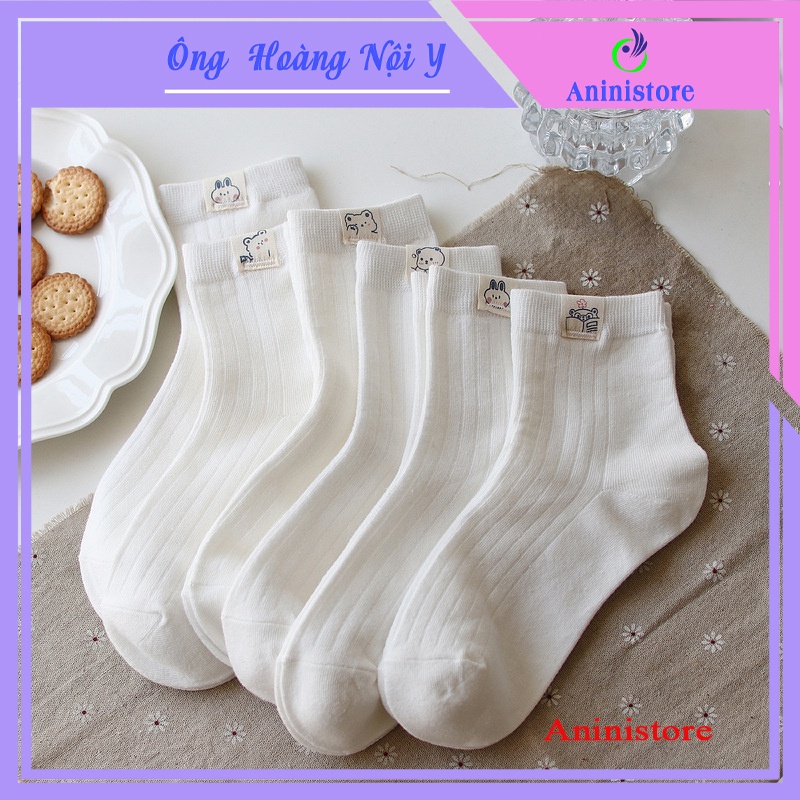 Tất cổ cao, vớ cổ cao nữ trắng thêu họa tiết thú dễ thương vải co giãn thời trang Hàn Quốc (TP 023 – Aninistore)