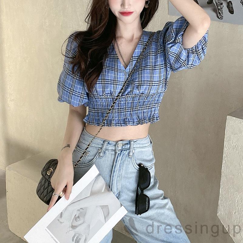 Áo Croptop Tay Lỡ Cổ Chữ V Họa Tiết Ca Rô Thời Trang Dành Cho Nữ