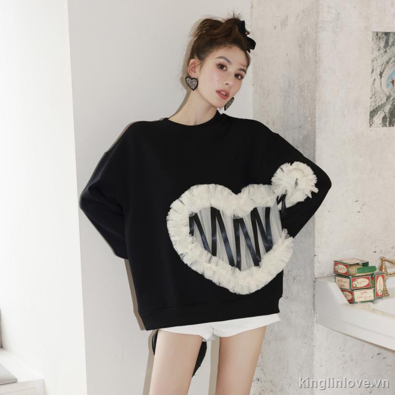 ❤Nước hoa miễn phí❤Áo Sweater Tay Dài Cổ Tròn Dáng Rộng Phối Ren Lưới Xinh Xắn Cho Nữ