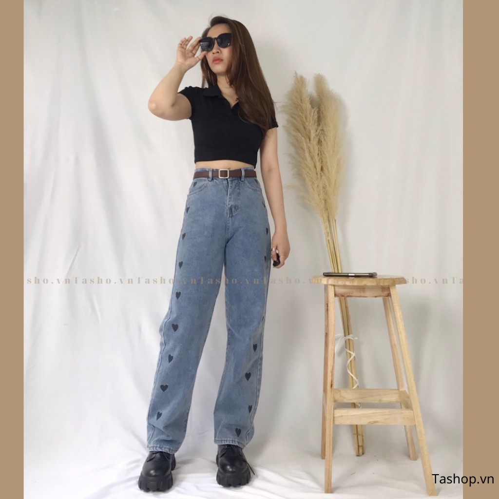 Quần Jean Nữ Ống Đứng Suông Rộng Hoạ Tiết TRÁI TIM Dài 98CM - 525