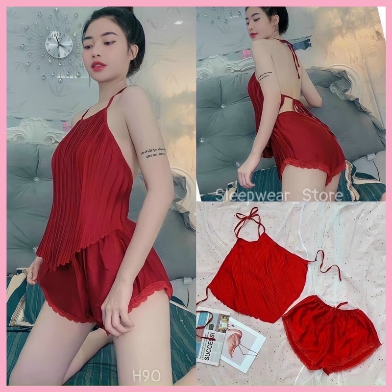 [BIGSIZE 70Kg] Đồ Ngủ bigsize sexy - Yếm ngủ dập ly phi lụa -kèm quần ren gợi cảm