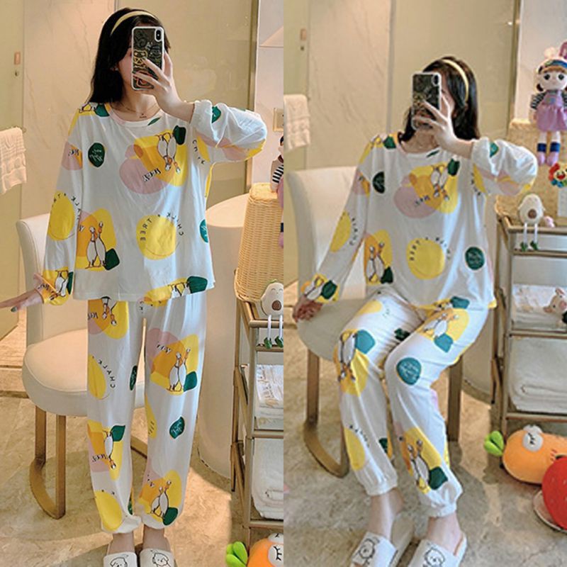 Bộ Đồ Mặc Nhà 2 Món Tay Dài Dáng Rộng Vải Cotton