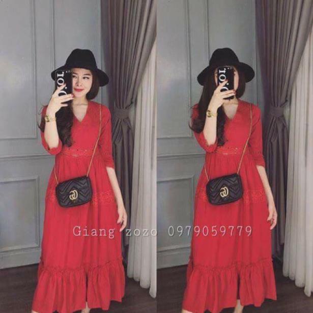 A Hàng hot hàng hiếm em đều có ạ Váy maxi pha ren 2 màu đỏ và trắng Sờ thôi đủ đẹp rồi đừng nói mặc #370Hàng hot k