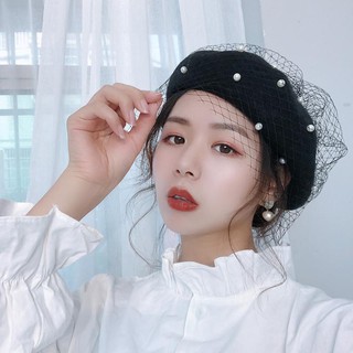 Mũ beret phối ren lưới phong cách họa sĩ Hàn Quốc và Anh Quốc retro thời trang thu đông dành cho nữ