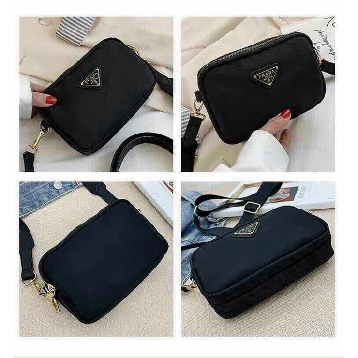 [FreeShip] Túi Đeo Chéo Nữ, Túi Xách Nữ P.R.A.D.A Chống Nước Vải Dù Xịn 3 Ngăn Size 18 VD66